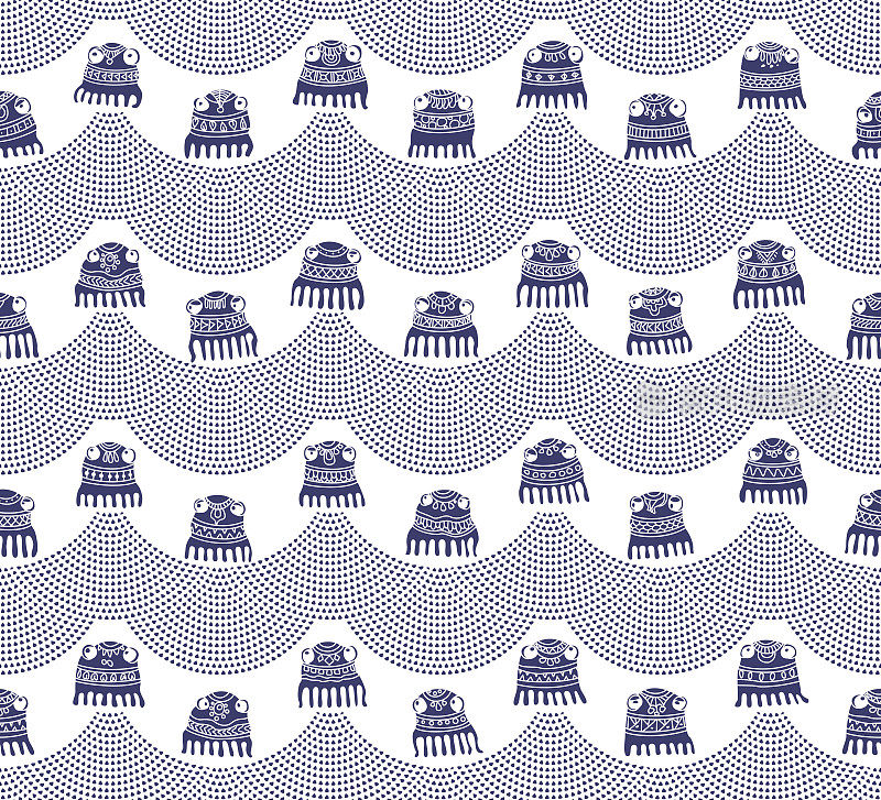 Vector humorous seamless pattern from dark indigo blue little octopus silhouette with decorative ethnic ornaments and water drops fountain on white background.Wallpaper, wrapping paper, shower curtain